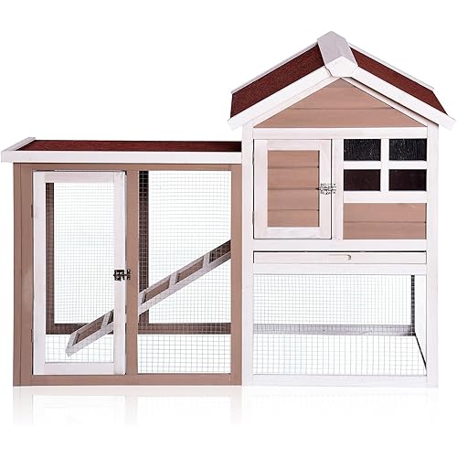 Large Rabbit Hutch Indoor Outdoor Bunny Cage 2-Level with Pull Out Tray, Waterproof Roof, Lockable Doors, Wooden Chicken Coop for Small Animals, 45.28" x 24.42" x 31.61" (45.28" x 24.42" x 31.61")