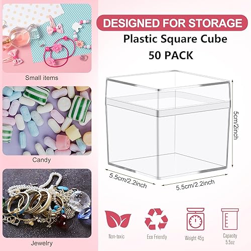 Miniatura 2 de Leinuosen 50 cajas de plástico acrílico transparente de 2 x 2 x 2 pulgadas con tapa, recipientes cuadrados para dulces para recuerdos de fiesta