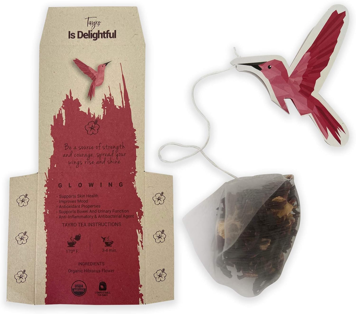 Tayro Tea Hibiscus 16 Organic Pyramid Tea Bags holding by Hummingbirds
