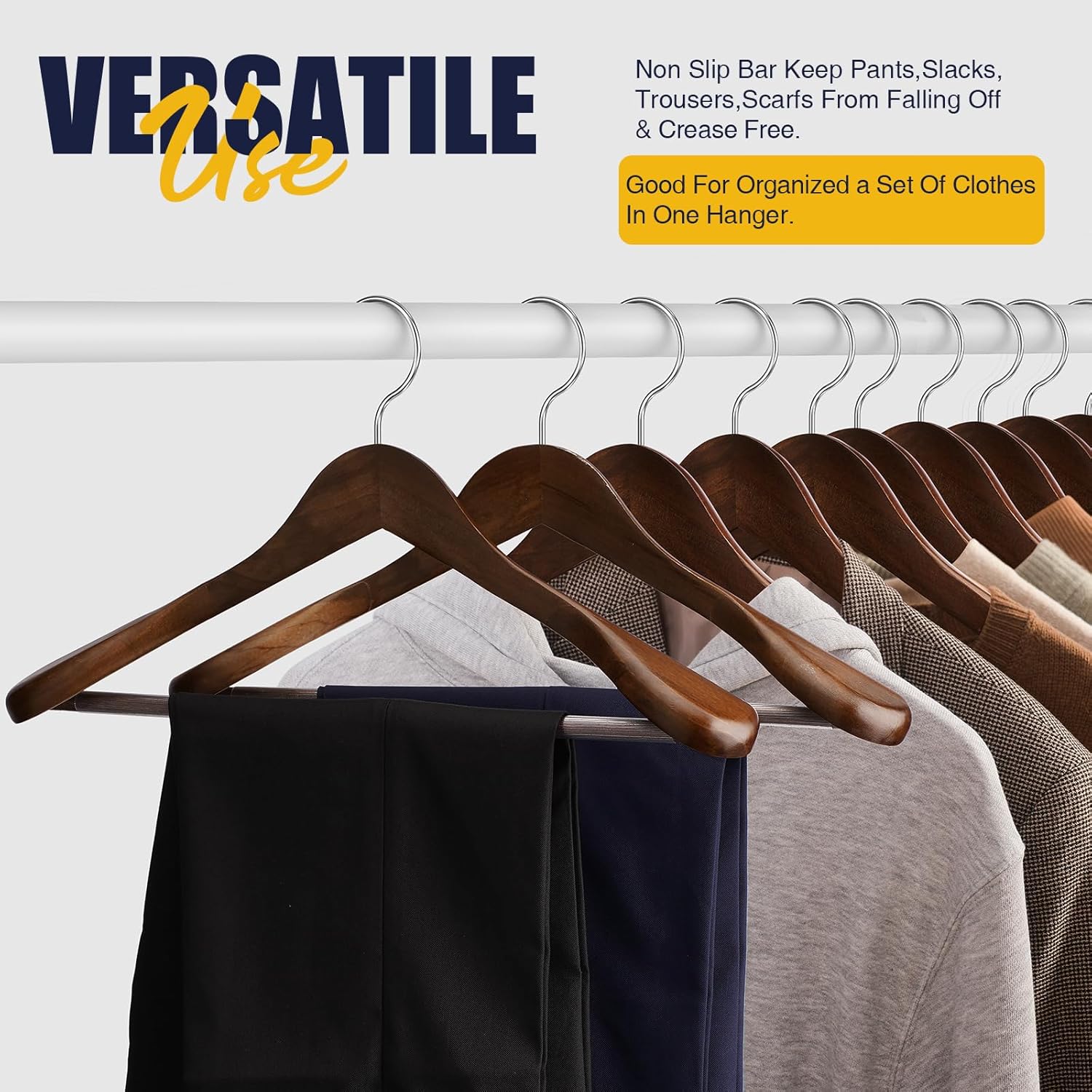 Wooden Coat Hangers - Wide Shoulder Hangers with Non Slip Pants Holder, Heavy Duty, for Men, Women, Suit, Coat, Jacket, Pants (Walnut, 10 Pack) - Image 4