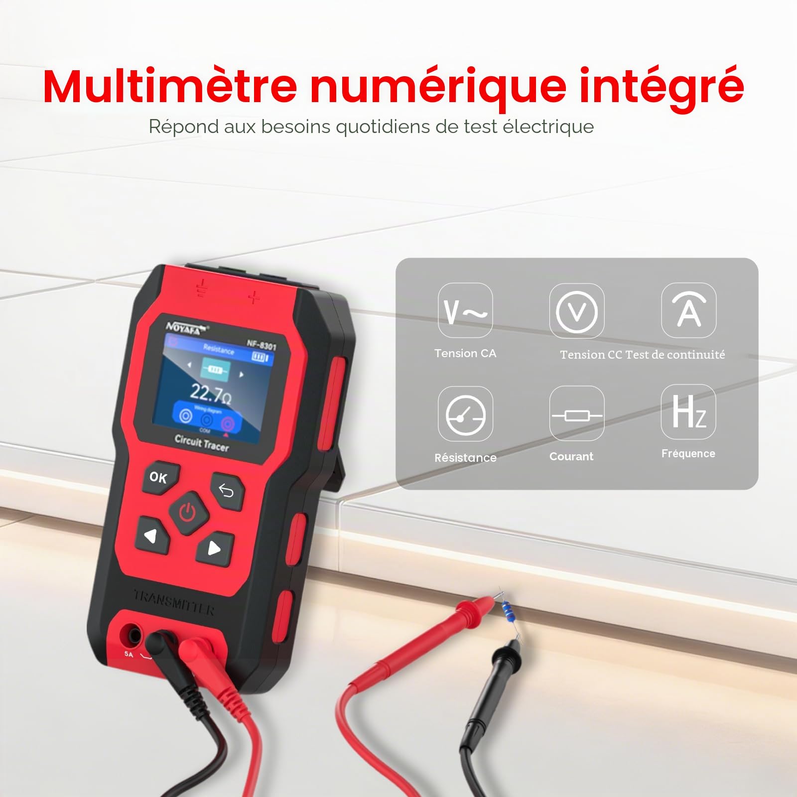 NOYAFA NF-8301 Détecteur de Circuit - Traceur de Câbles, Localisateur de Disjoncteur avec Multimètre Numérique, Sensibilité 8 Niveaux, Rechargeable, pour Fils Muraux et Souterrains