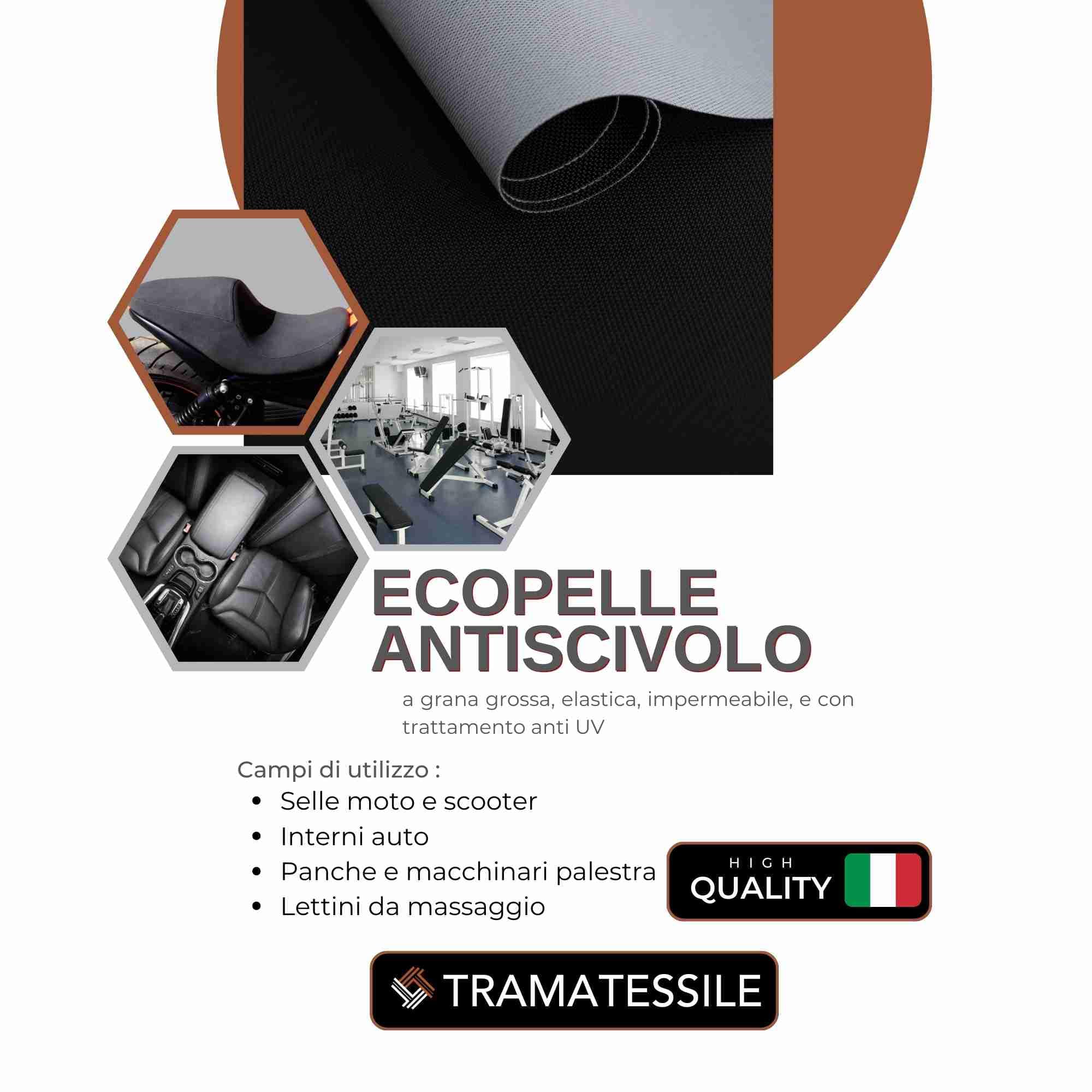 TRAMATESSILE - Tessuto Ecopelle al Metro - Antiscivolo e Bielasticizzata a Grana Grossa - Tessuti e stoffe a Metro per Automotive - Finta Pelle Morbida x Auto Moto - (Nero)