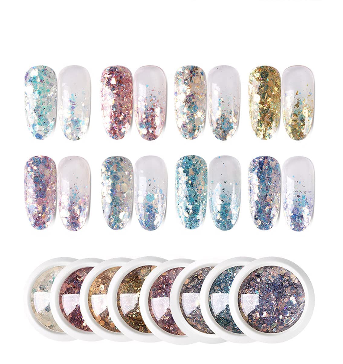 INOG Nail Art Gradient Glitter Magic Color Changing Laser Thin Sequins Mixed Mirror Hexagon Shape Mermaid Flakes Spangles Palette Craft Glitters Holographic Manicure D.I.Y (8 PCS)-image-28