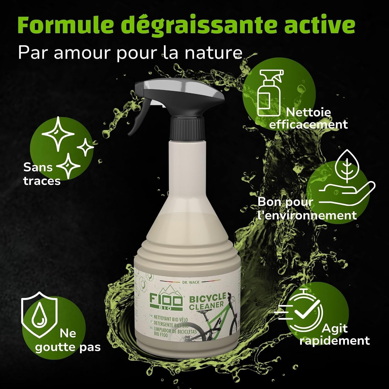 Dr. Wack - F100 Kit d'entretien Vélo Produits Bio - 4 Produits inclus - Nettoyant Vélo + Nettoyant Chaînes de Vélo + Brosse pour Chaîne + Chiffon Microfirbres - Fabriqué en Allemagne