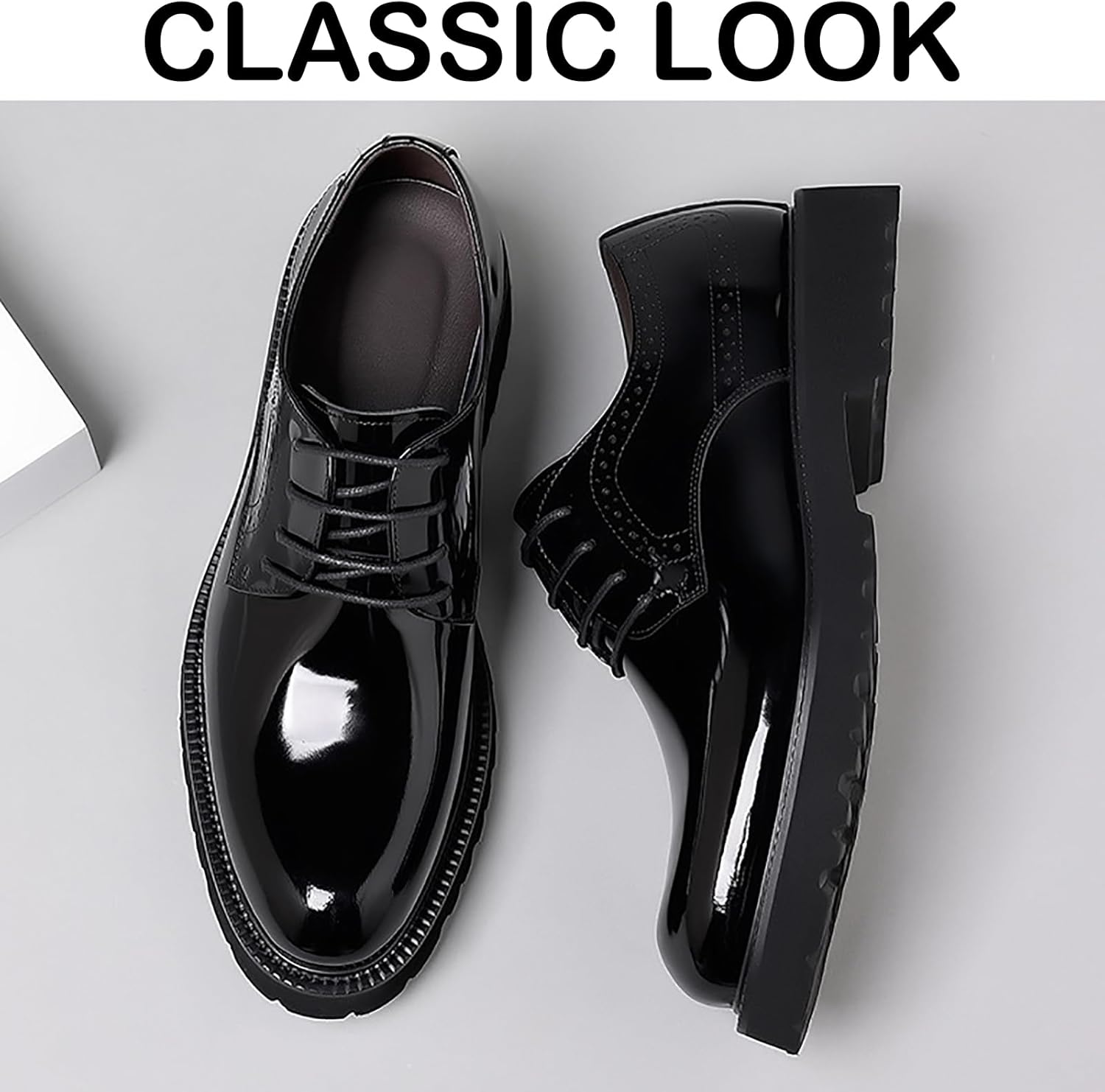Men's Patent Leather Lace Up Platform Work Oxfords Round Toe Slip Resistant Low Top Lug Sole Brogues Dress Shoes Comfortable Business Formal Shoes - Image 5