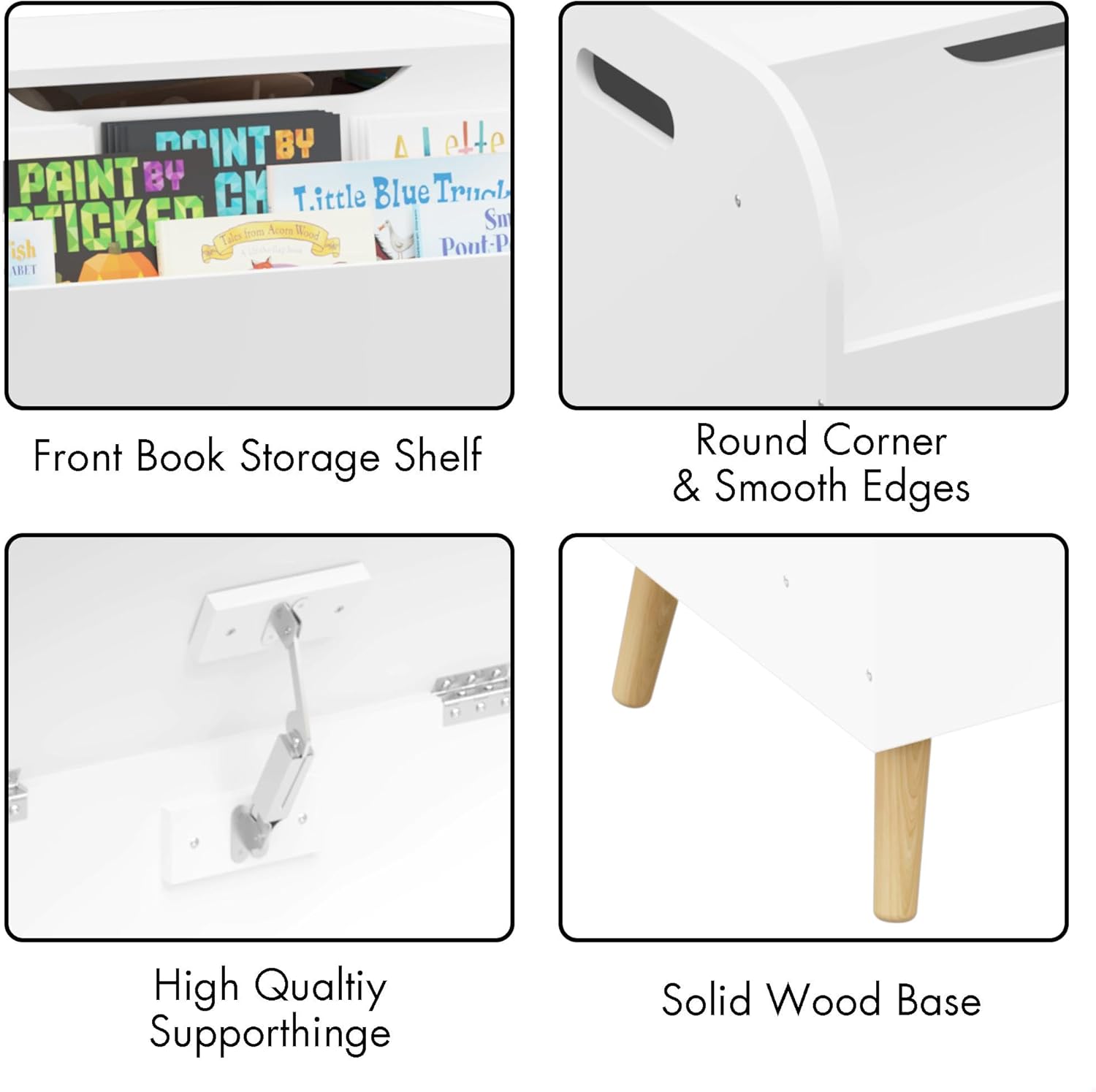 GDFStudio Large Toy Box Storage with 4 Wood Legs, Kids Toy Organizer with Front Bookshelf, Flip-Top Lid, Safety Hinge, Wooden Toys Chest Children's Storage Furniture for Boys and Girls, White