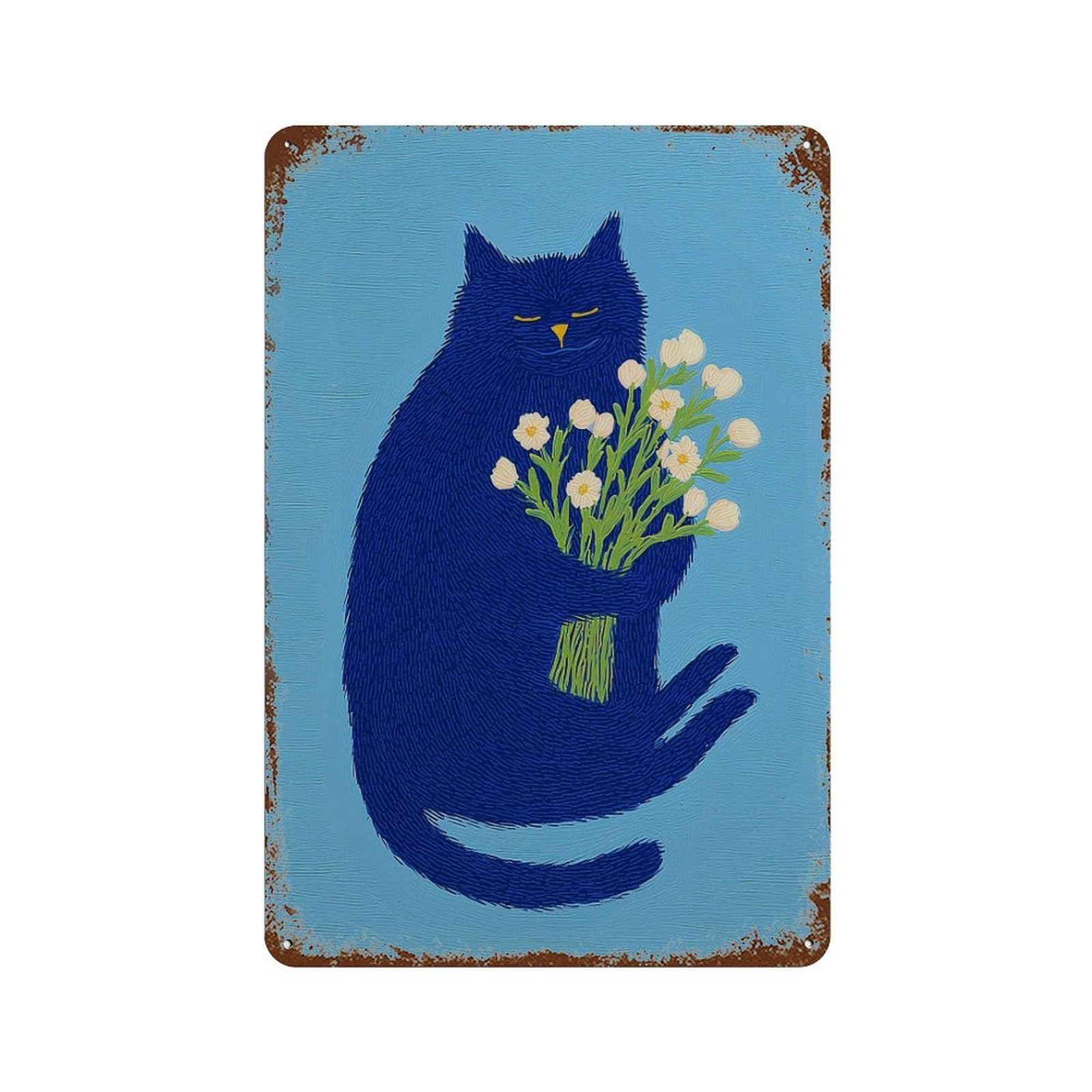 xiaoxiaoshen Blue Cat Modern Animal Quirky Holding Flowers Work Playful Whimsical Lovers Wall Decor Art Metal Tin Poster Modern Home Decor Art Home Bar Shop Decorations Vintage Sign 30x20cm