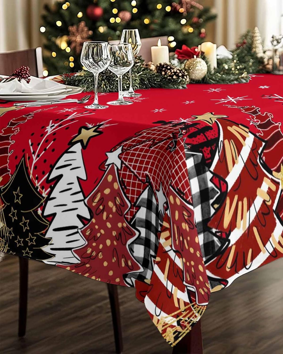 Christmas Rectangle Table Cloth Xmas Tree Forest Indoor/Outdoor Tablecloth Red Black Check Plaid Snowflake Waterproof Polyester Fabric Washable Tables Cover for Party Holiday Picnic Kitchen 60x84 Inch