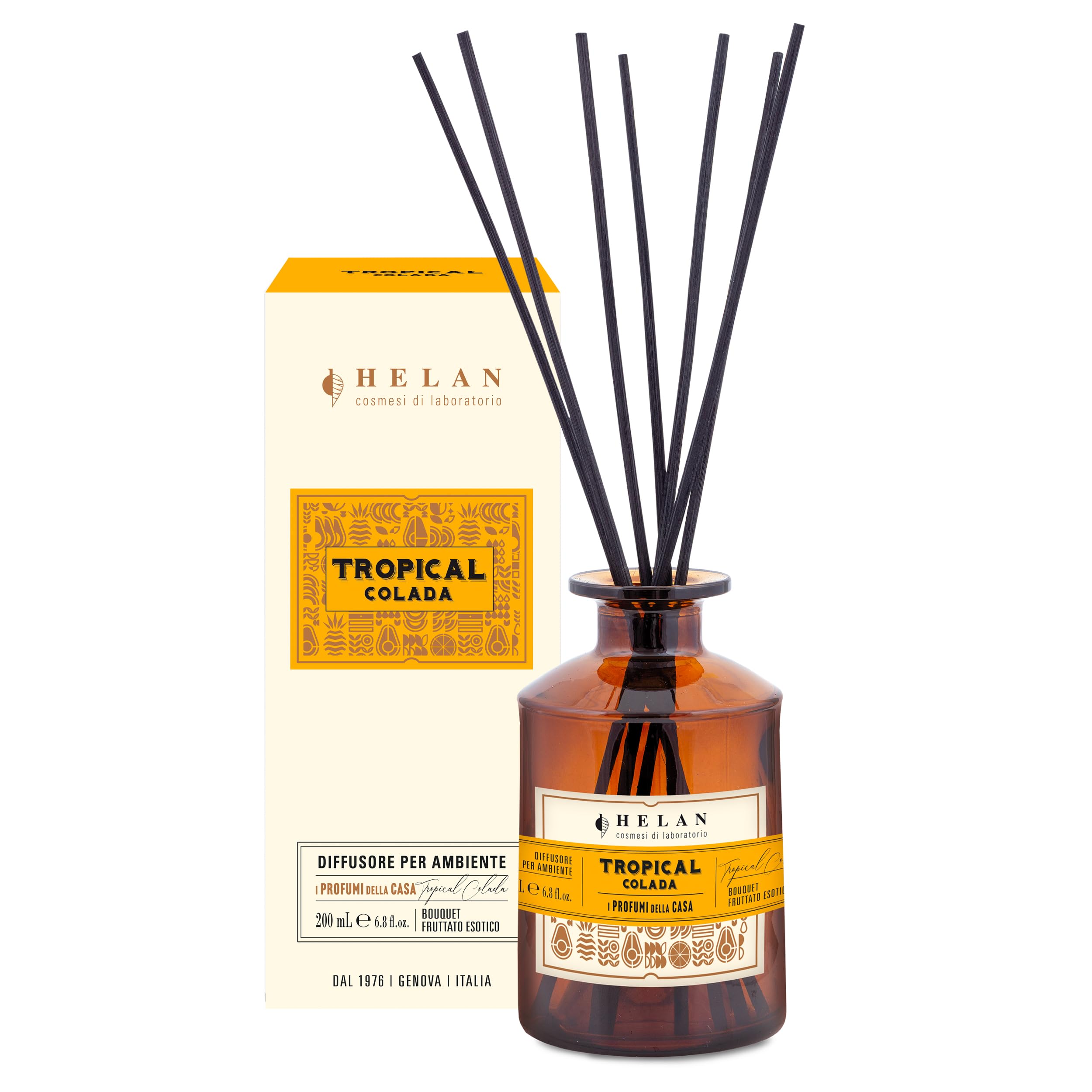 Helan Tropical Colada - Profumatore per Ambienti, Profumo Ambiente con Bastoncini per Diffusori con Kiwi, Miele, Melone e Vaniglia, Idee Regalo Deodorante e Profumatori Ambiente 200 ml - Made in Italy