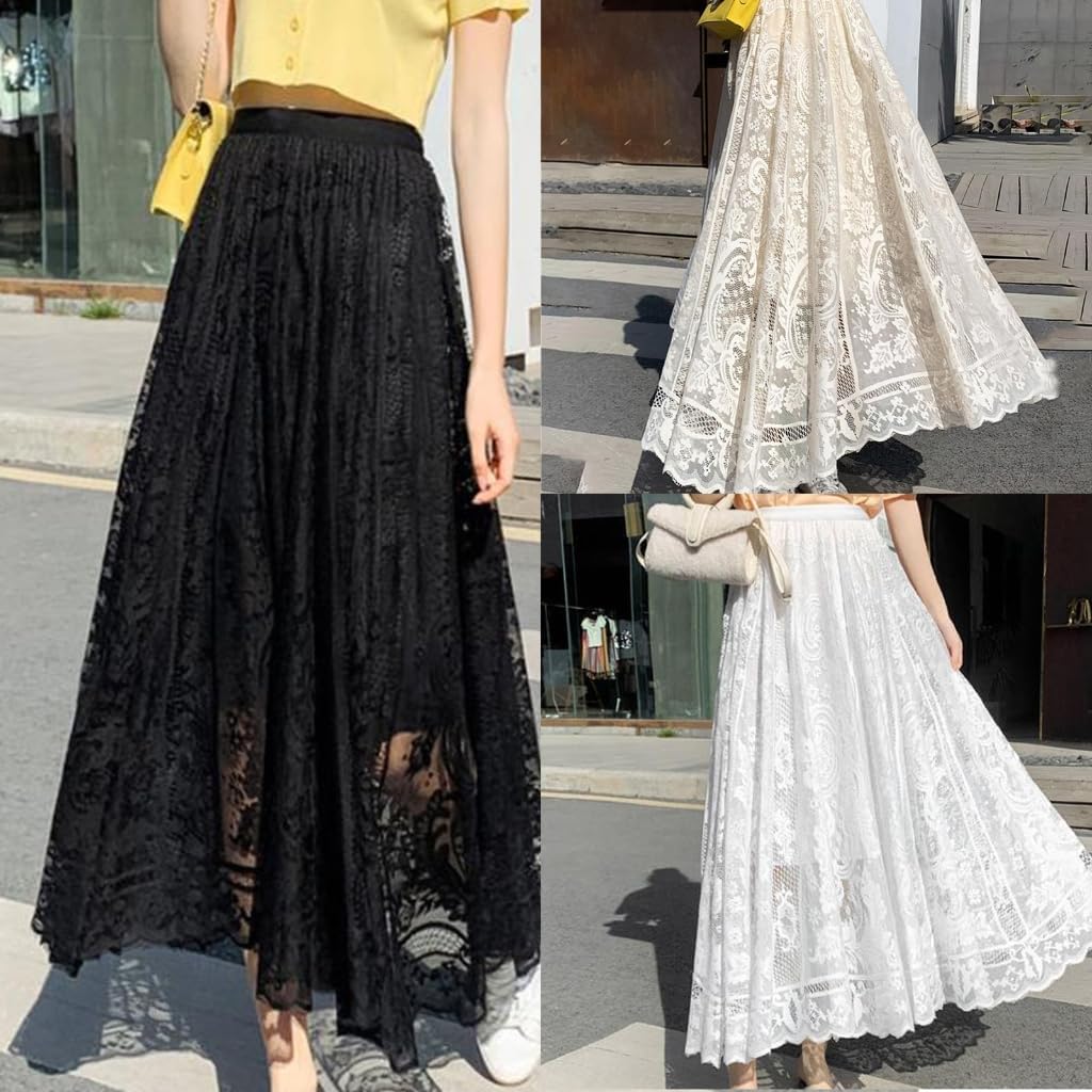 Women Tutu Tulle Skirts Midi Elastic High Waist Pleated Mesh Flowy A-Line Skirt Party Long Tutu Skirts Summer Long Dress Black