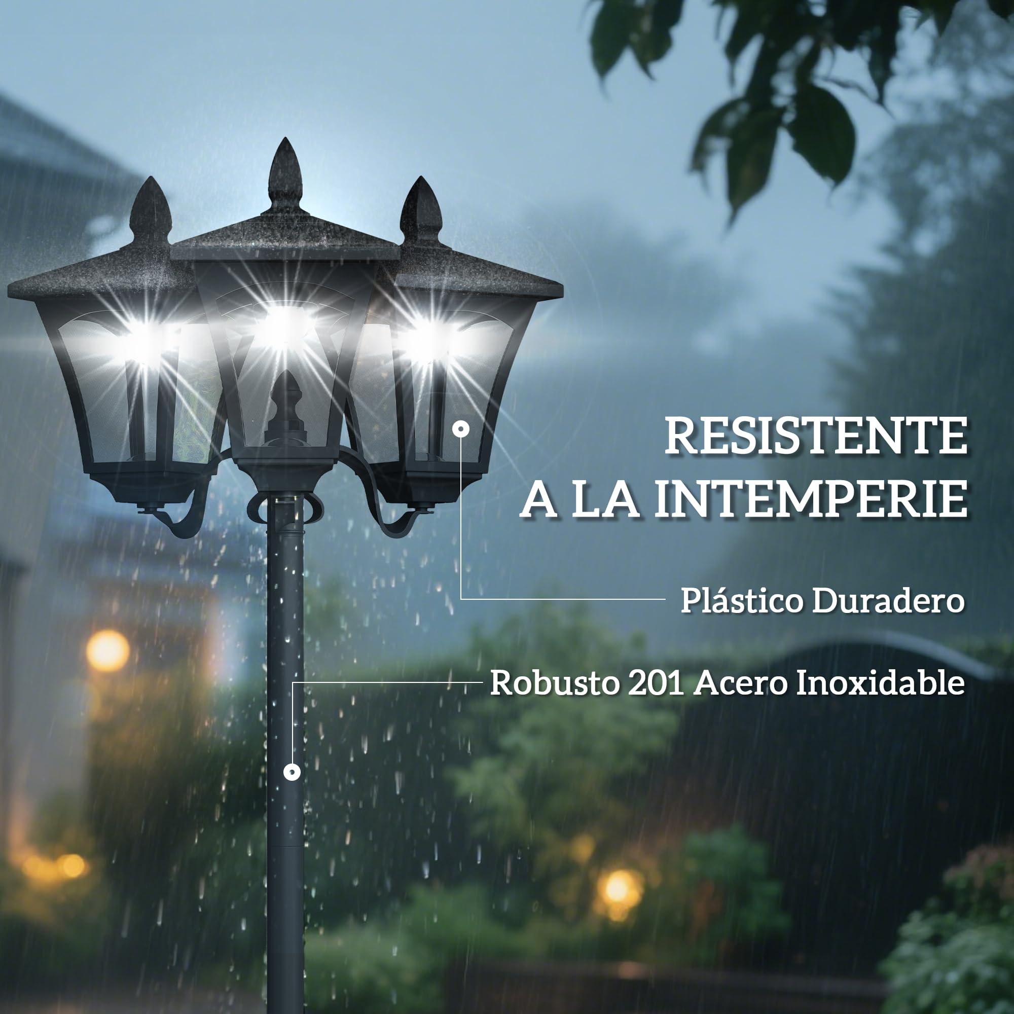 Outsunny Farol Solar de Jardín con 3 Luces LED Impermeable IP44 para Camino Patio 51,5x47x182,5 cm Negro