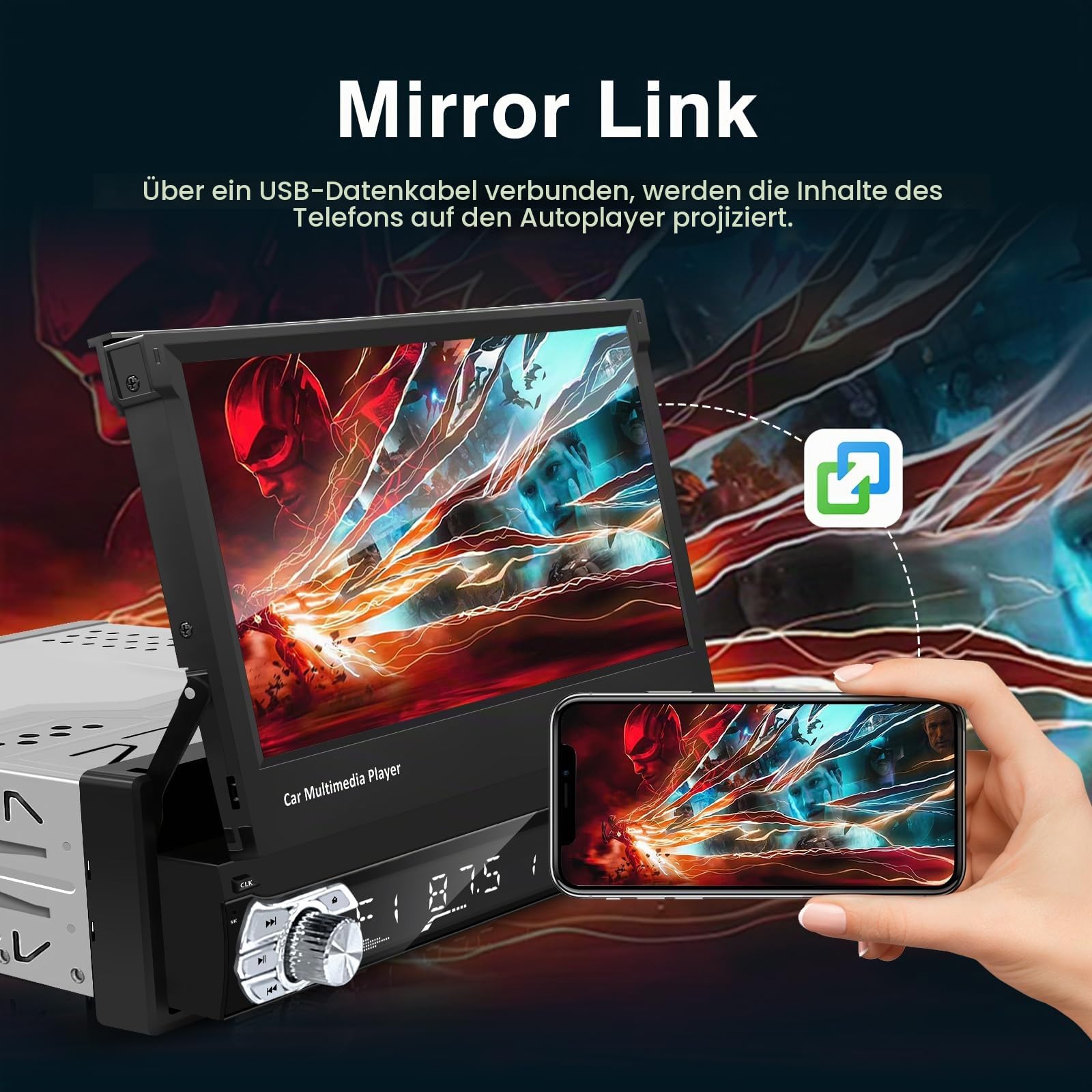 EZoneTronics 7 Zoll Flip Out Autoradio 1din mit Carplay Android Auto Touchscreen Autoradio Bluetooth mit SWC Mirror Link EQ FM/RDS Radio Typ-C USB AUX TF-Karte Rückfahrkamera