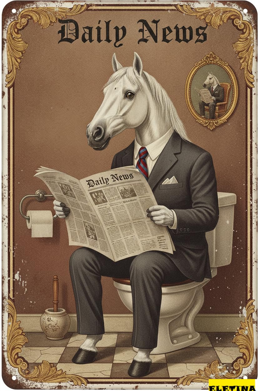 Personalized Sign for Man Cave Metal Tin Vintage Horse Toilet Reading Newspaper Humour Funny Animal Whimsy Animal Home, Bathroom And Toilet Wall Decor 12x8 Inch(812) Private Property Decorative