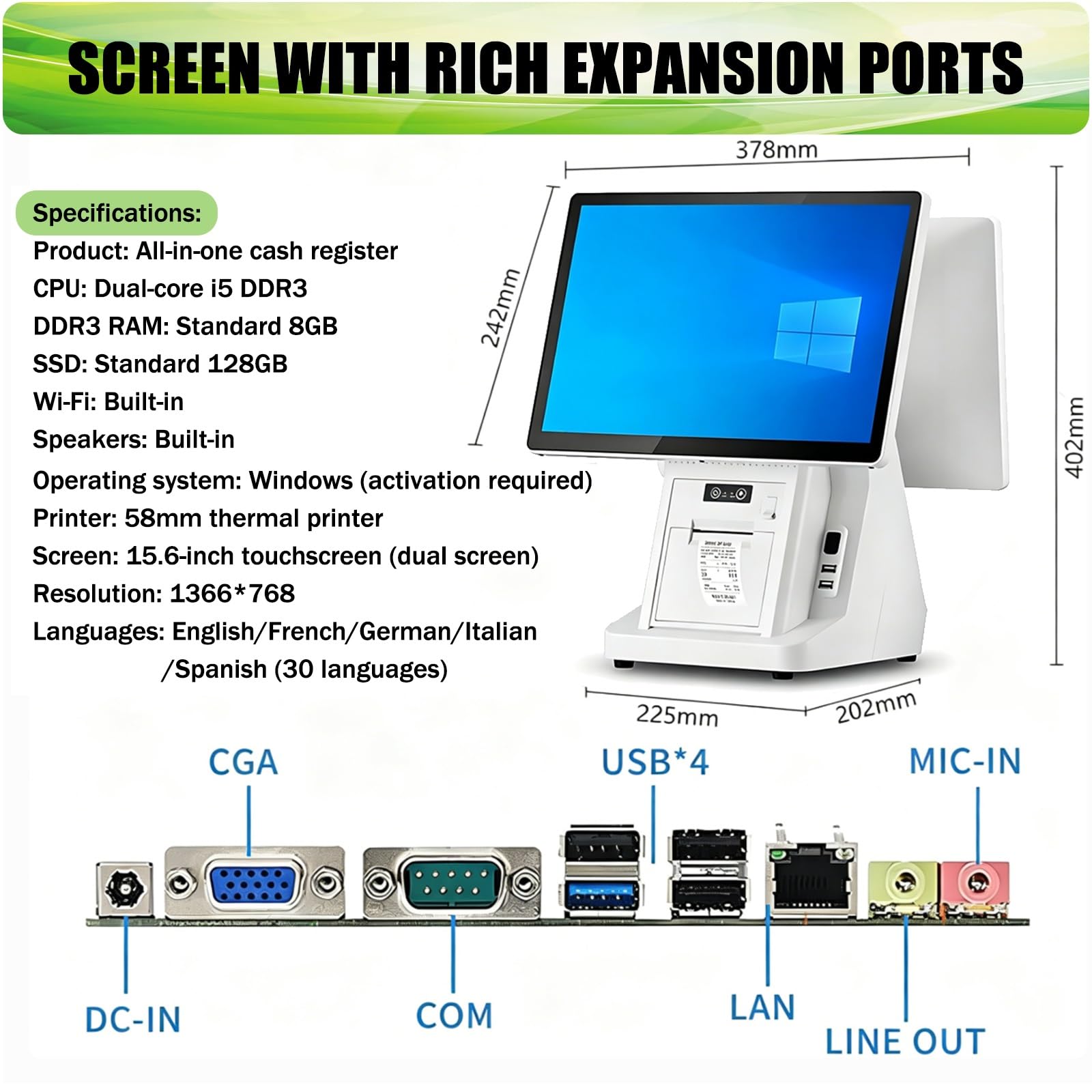 Tsampa Caja registradora Inteligente Todo en uno con Pantalla táctil de 15,6 Pulgadas, 8 GB de RAM, 128 GB de SSD, ángulo Ajustable, para Comercio minorista, restauración