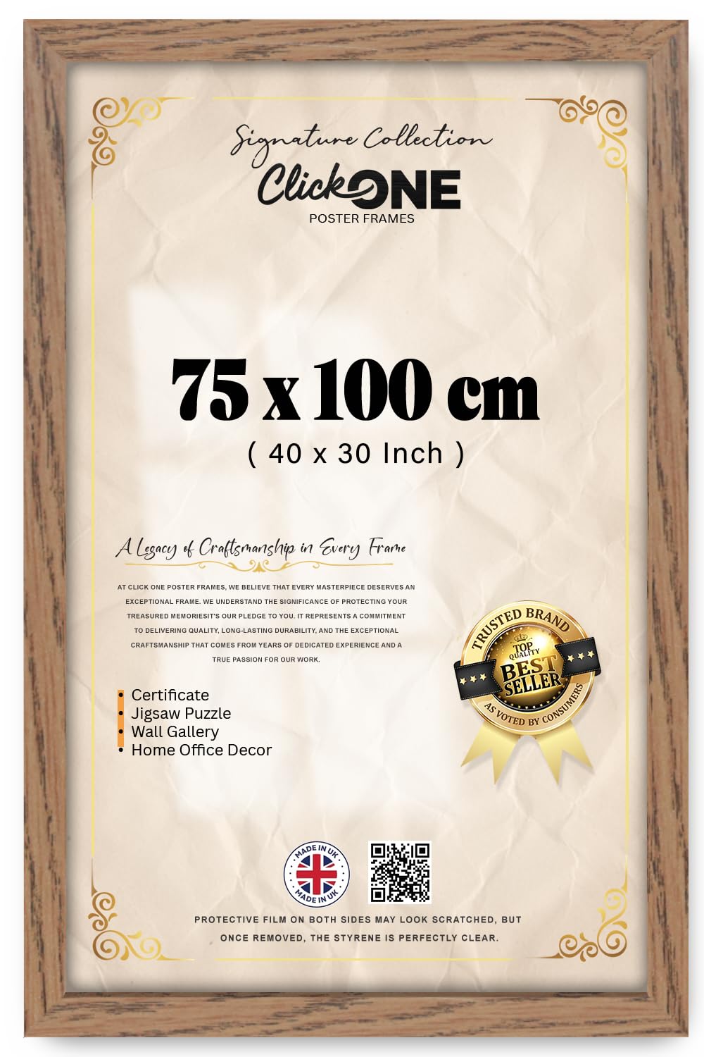 Click One Flat Style Frame 75 X 100 CM 40 X 30 Inch Slim Edge Dark Oak Picture Poster Display For Photos Artwork Prints With Wall Hooks Thin Rectangle Hanging Portrait Landscape Gallery Ready