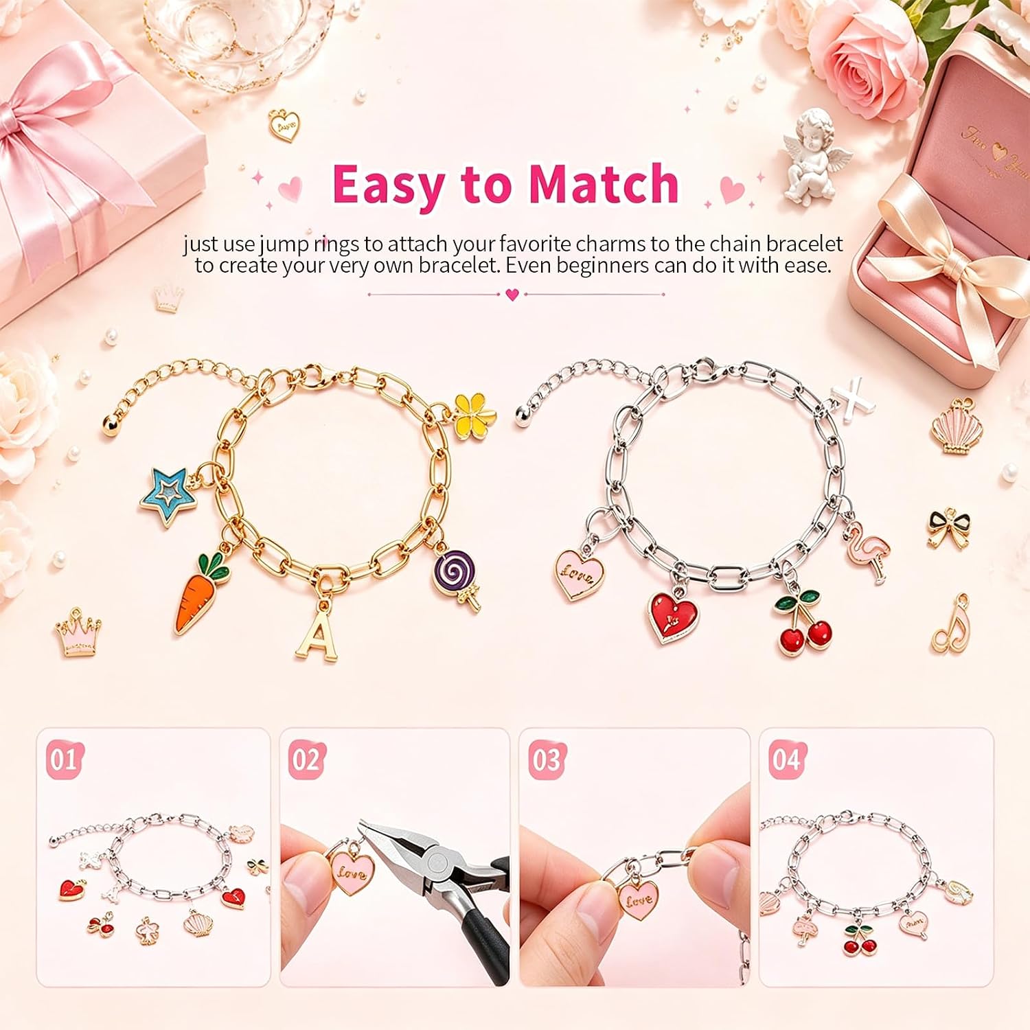 XZNBIAYA 800PCS Gold Charm Bracelet Making Kit, DIY Jewelry Bracelet Kit, Including 30 Paperclip Chain Bracelets, 208 Letters, 150 Charms, and 400 Jump Rings for DIY Bracelet Gift for Women