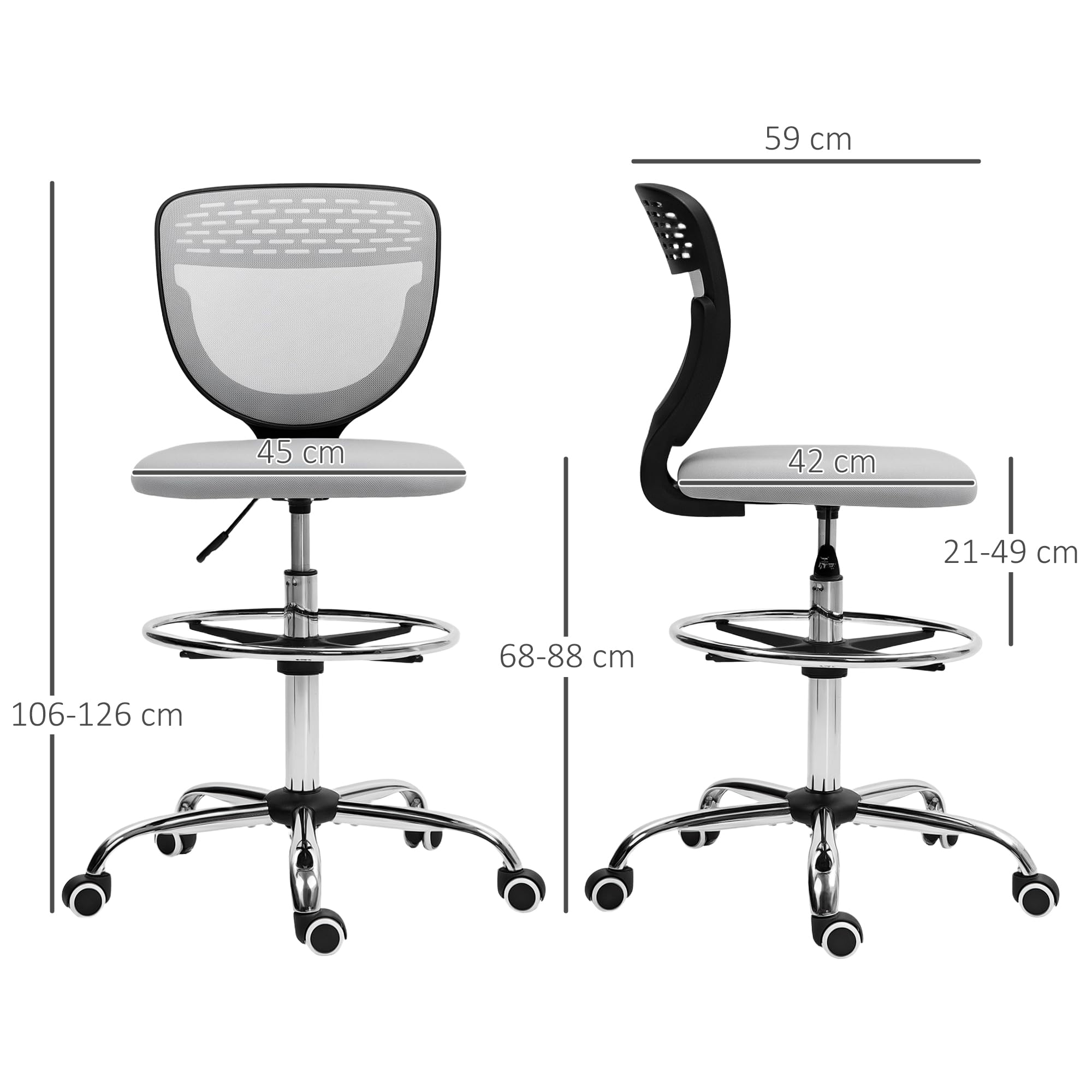 Vinsetto Silla de Oficina ergonómica Taburete de Oficina con reposapiés y sin reposabrazos, Silla de Dibujo de Respaldo Medio de Malla, Altura Ajustable, Asiento Acolchado y Giratorio 360° Gris Claro