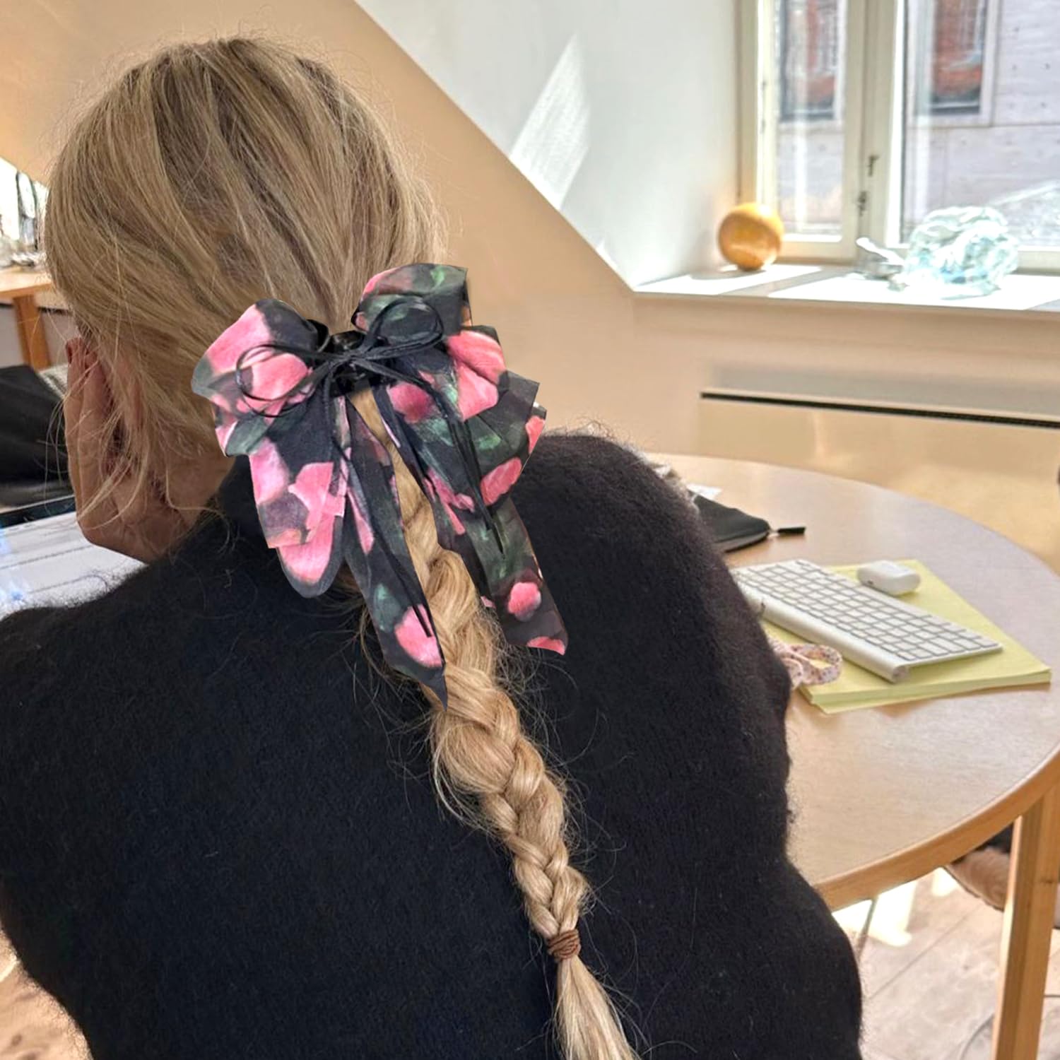 1Pc Black Rose Ponytail Clip Crushed Flower Multi-Layer Hairpins Bow Fluttering Ribbon Hair Clips Cute Floral Claws Clips French Style with Low Tail Ponytail Hair Clip for Women Hair Decor Accessories - Image 3