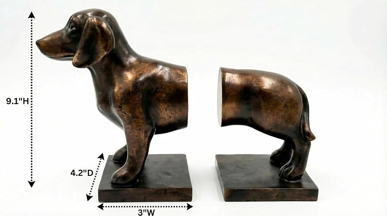 Comfy Hour Dachshund Dog Decorative Bookends, 12" Unique Wiener Dog Book Ends for Shelves, Heavy Duty Polyresin Book Stopper for Books, 1 Pair, Dark Copper