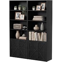 YESHOMY Farmhouse Bookshelf and Bookcase with Doors, Industrial Bookshelves and Bookcases Floor Standing Display 6-Tier Shelf Storage Shelves 71.5 inchs for Home Office, Living Room, Black, 2 PCS