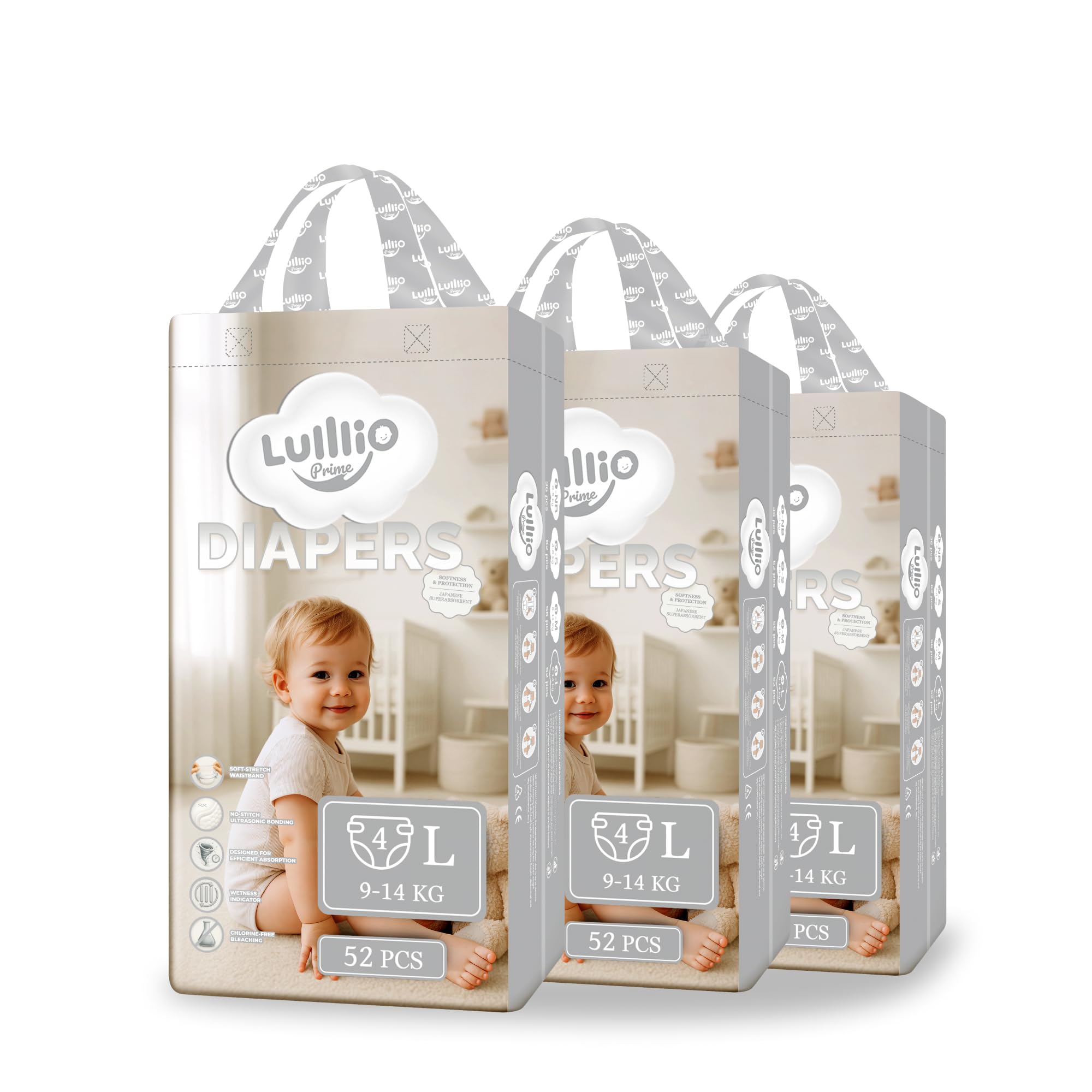 Prime Pieluchy Rozmiar L (9-14 kg) – Ultramiękkie, Wskaźnik Wilgotności, Technologia Tornado, Bez Chloru (156)