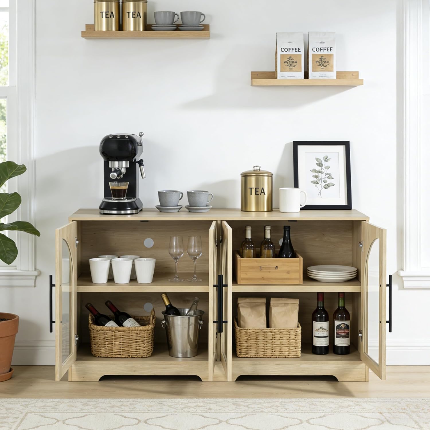 leovanni 55" Sideboard Buffet Cabinet with Glass Doors, Arched Media Console Cabinets with Cable Holes and Adjustable Shelves, Coffee Bar Cabinet for Living Room Entryway, Natural