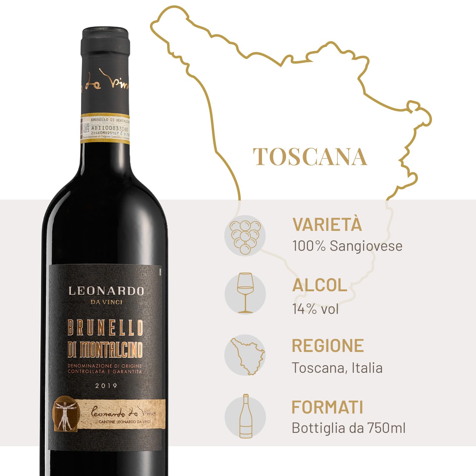 Leonardo da Vinci Brunello di Montalcino DOCG 2020, Vino Rosso dal Gusto Ricco e Persistente, Note fruttate e speziate, 14% Vol., Bottiglia da 750 ml