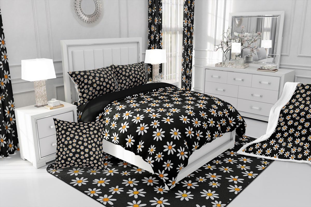 Manfei Daisy Flowers Bedspread Twin Size,Spring Flower Bedding for Kids Teens Bedroom Decor,Botanical Theme Floral Print Coverlet Set,Black Quilt Set for All Season,2 Pcs with 1 Pillowcase