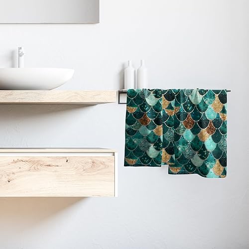 Miniatura 6 de Giwawa Juego de 2 toallas de mano de sirena, toalla de mano más grande, color verde azulado dorado, escamas de pez turquesa, toalla de mano más