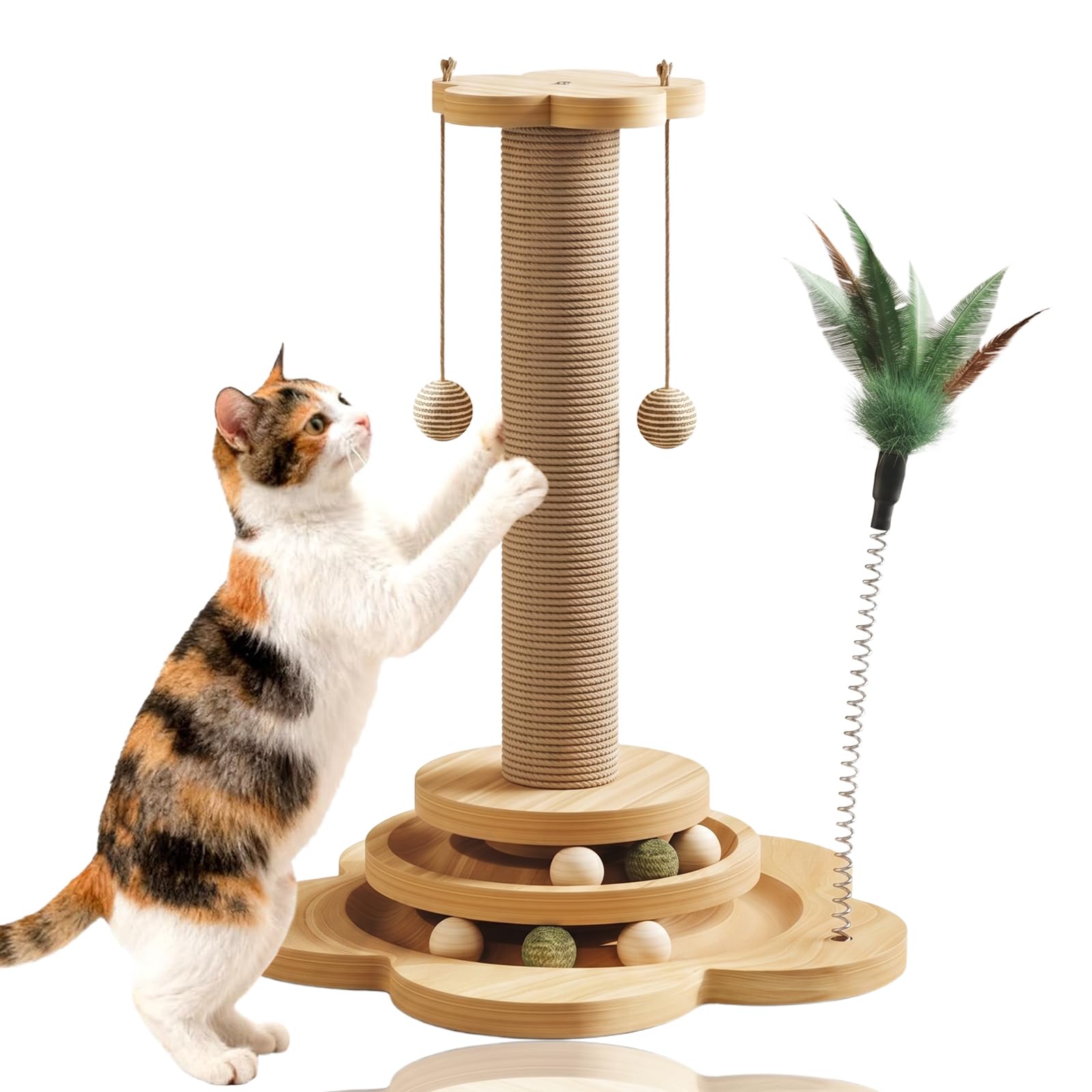 Cat Scratching Post with Interactive Toys, Cat Scratcher Post Natural Sisal Scratch Posts for Indoor Cats 45cm with Ball Track Spring Feather Toy