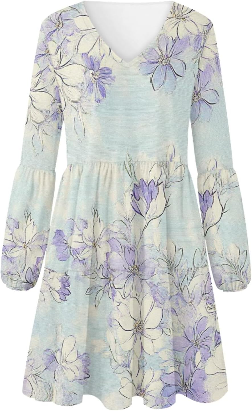 Floral Dress for Women Lantern Sleeve V Neck Plus Size Smocked Swing Flowy Ruffle Fashion Casual Holiday Midi Dress - Image 4