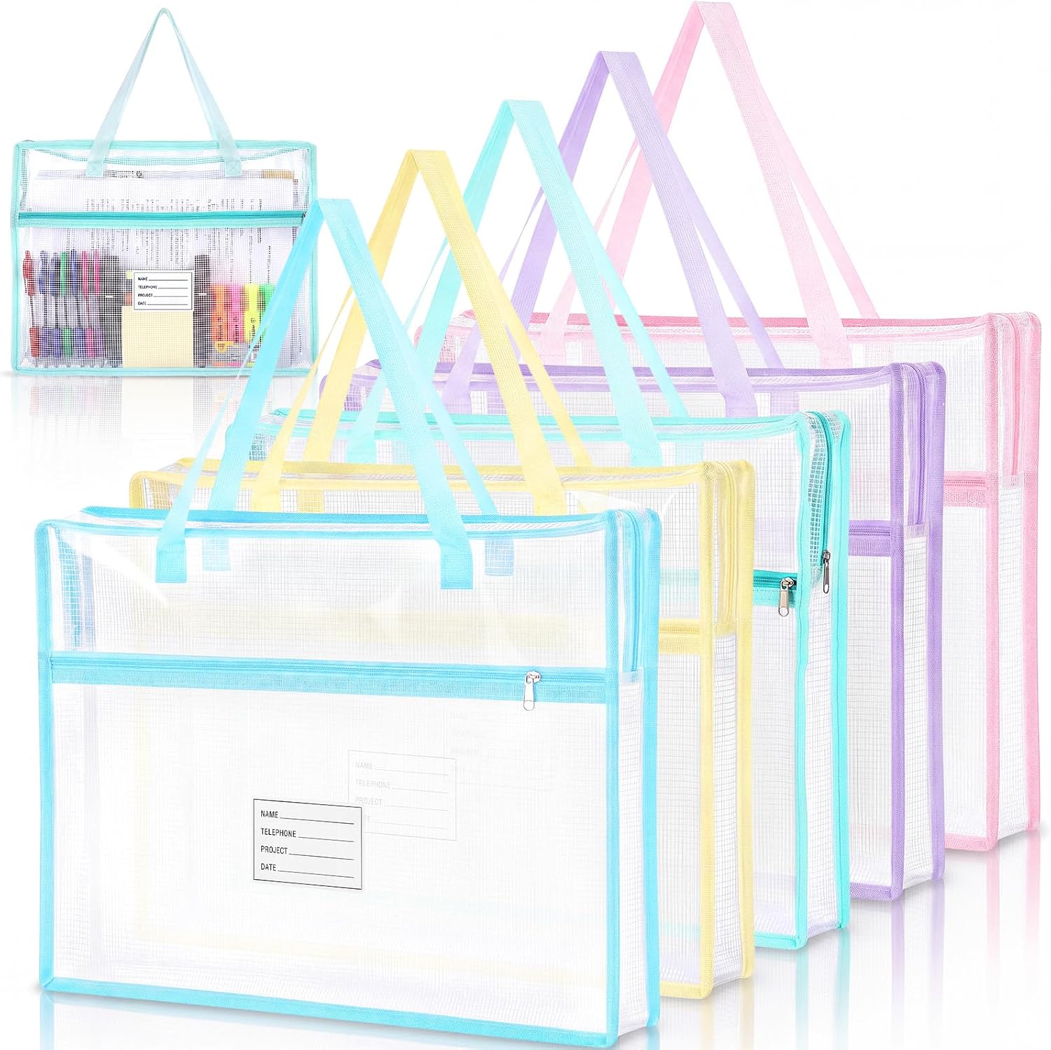 Clysee 5 Pcs A3 Sew Project Bags 13 x 17 Inch Needlepoint Project Bag Quilting Craft Organizer Storage Bags with Handle and Pocket Clear Mesh Bag for Quilters Knitting Stitching Crafter(Pastel)