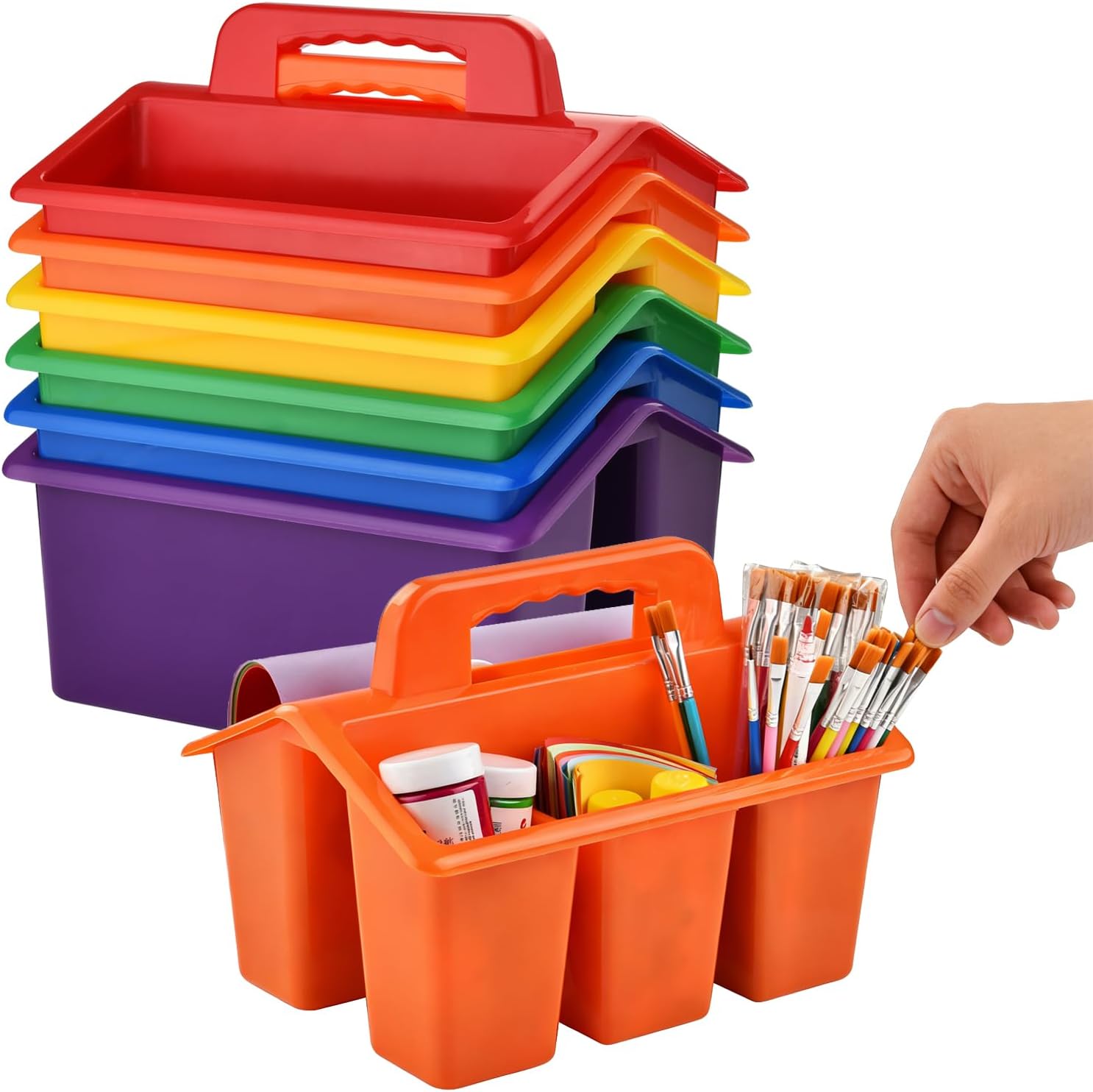 NINU Classroom Caddy Storage Basket with Handle, Plastic Arts Office Crafts Caddy 4 Compartments for Kids, Pencil, Crayon, Marker, School Supplies - 6 Pack Color
