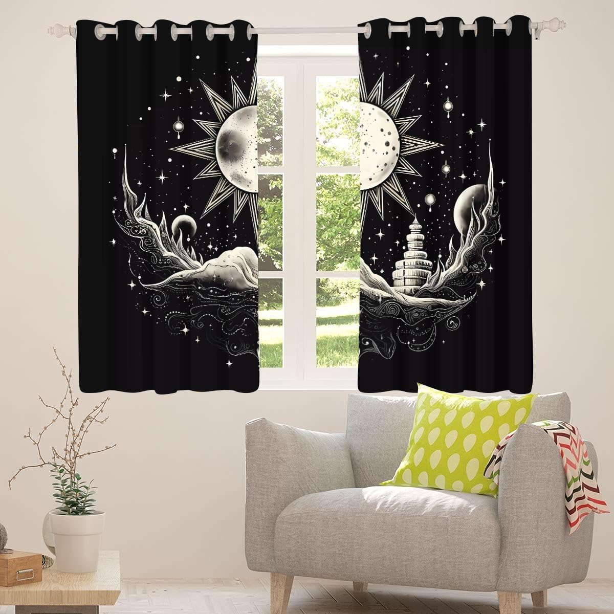 Sun and Moon Curtains 63 Inches Long 2 Panel Sets, Black and White Blackout Living Room Bedroom Curtains & Drapes, Room Darkening Curtains Thermal Insulated Printed Window Treatment Drape Curtains