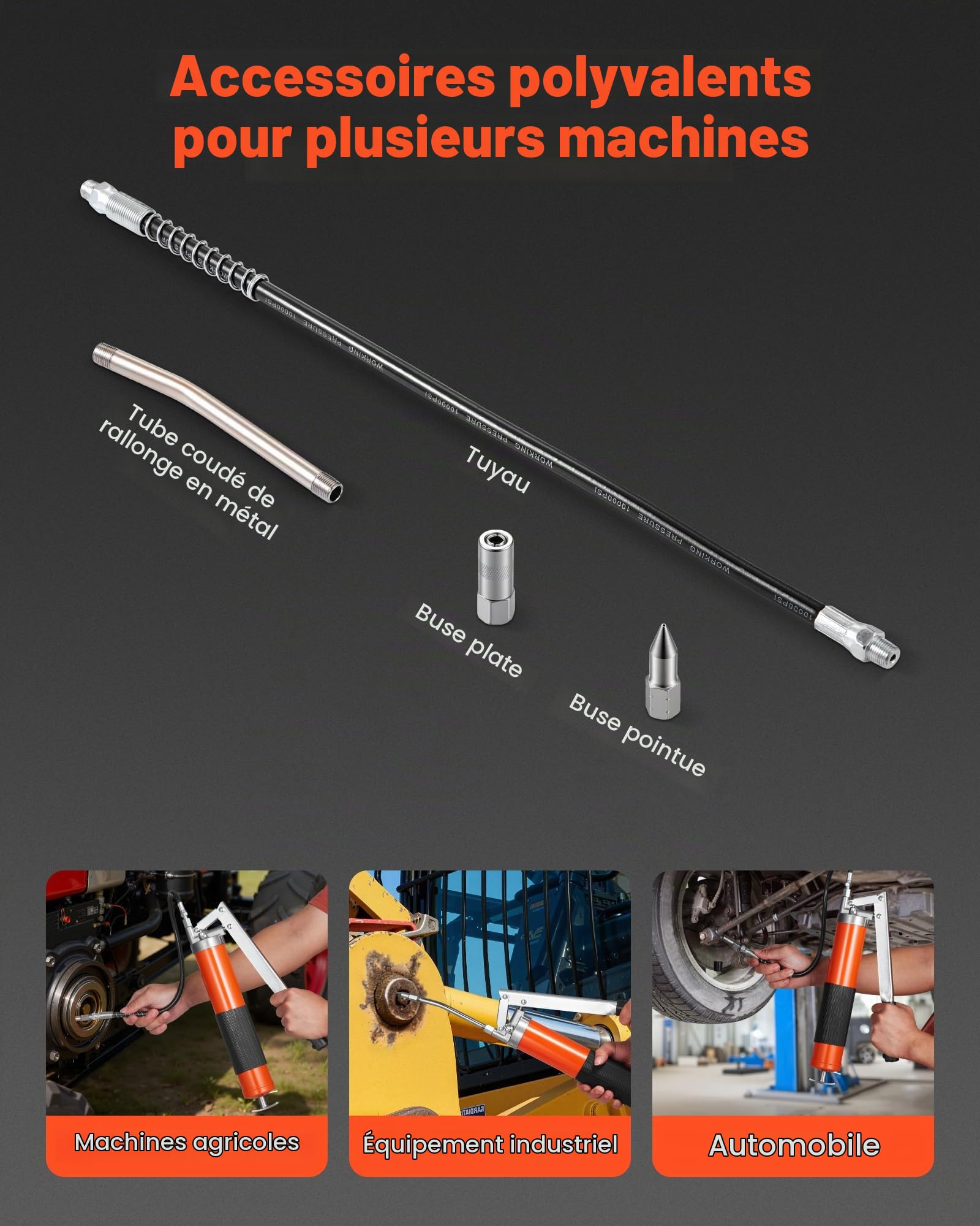 VEVOR Pistolet à Graisse Manuel 689 Bar Pistolet Graisseur à Levier à Une Main Capacité 0,4 L pour Machines Automobiles Agricoles Industrielles, Flexible 45,7 cm Tube Extension Rigide 1 Buse Pointue