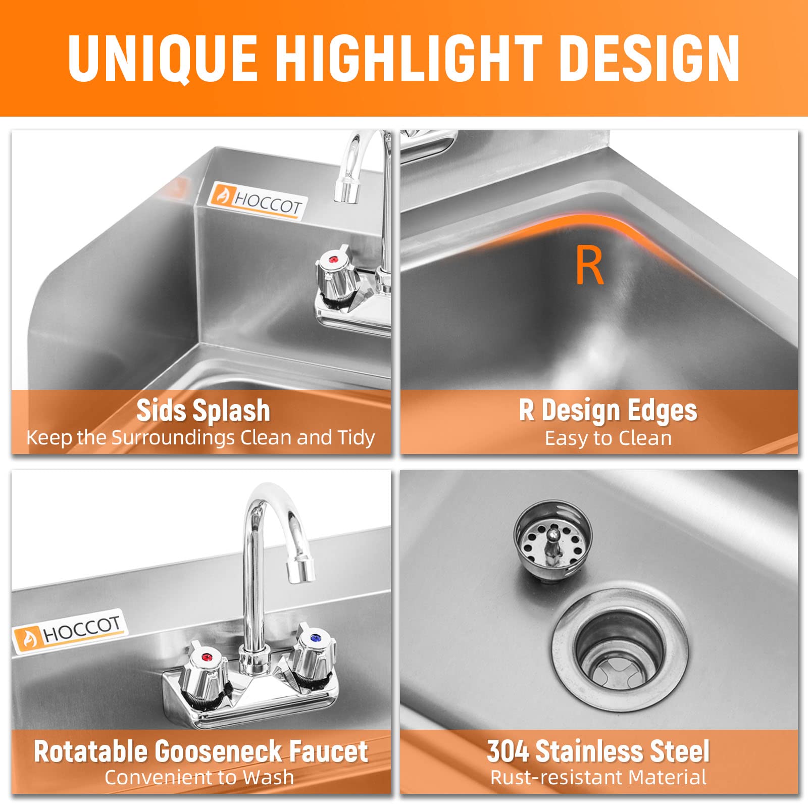 HOCCOT 304 Stainless Steel Sink, Wall Mounted Commercial Restaurant Sink, Hand Washing Sink with Back Splash, Utility Sink for Restaurant, Kitchen, Bar, Outdoor, 17" x 15"