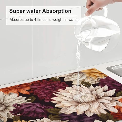 Miniatura 6 de Tapete de secado de platos de flores bohemias, diseño de microfibra reversible, absorbente y versátil, esencial para cocina, 18 x 24 pulgadas