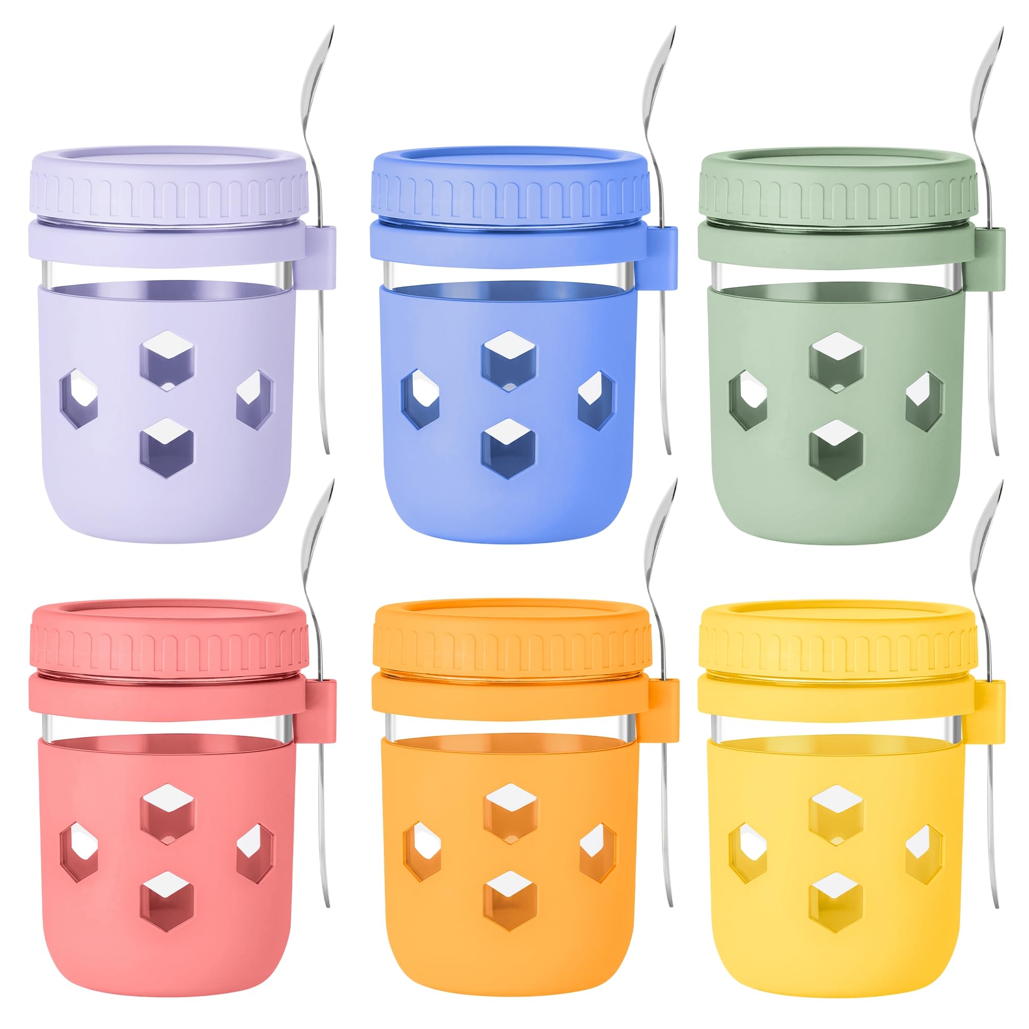 Gemice 6-Pack Overnight Oats Containers with Silicone Sleeves and Spoons, BPA-Free 16 oz Glass Mason Jars with Airtight Lids, Dishwasher Safe Overnight Oats Jars for Chia Pudding, Yogurt Meal Prep