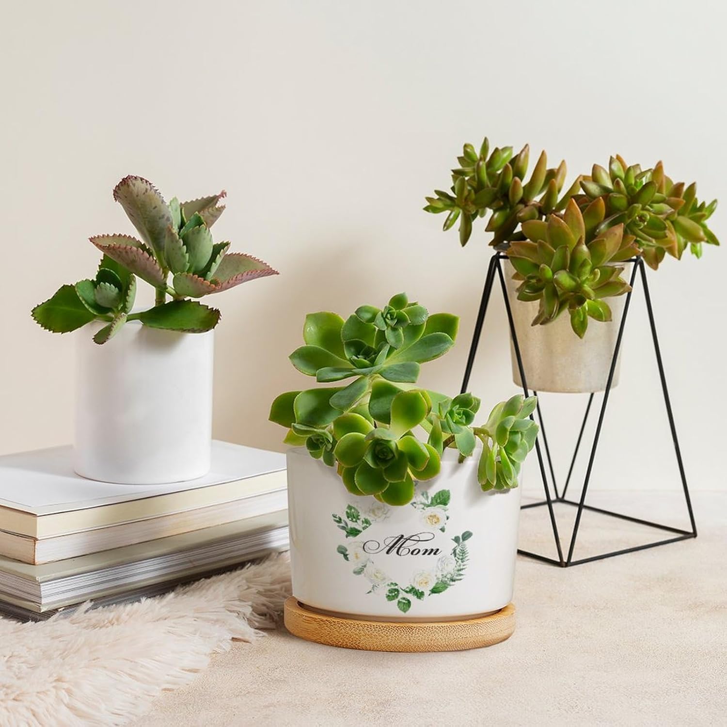 Mom Planters Ceramic with Drainage Holes Customized Plant Lady Lovers Gift for Mom on Mothers Day White Indoor Pots for Plants Set of 3 Windowsill Succulent Pots