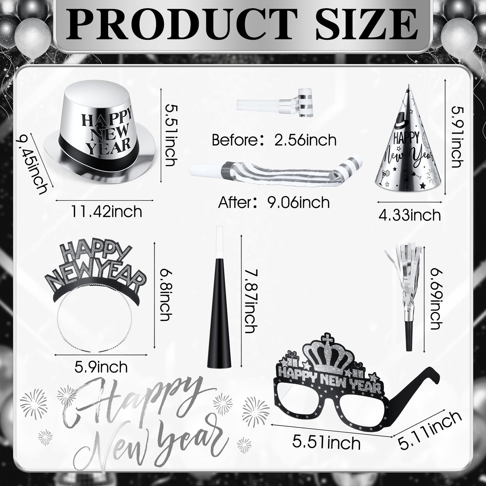 Junkin Silvester-Partyzubehör 2026 für 24 Gäste, inklusive Zylinderhüten, Kegelhüten, Brillen, Stirnbändern, Drachen, Trompete, Happy New Year Dekorationen, Großpackung Partygeschenke (zweifarbig)