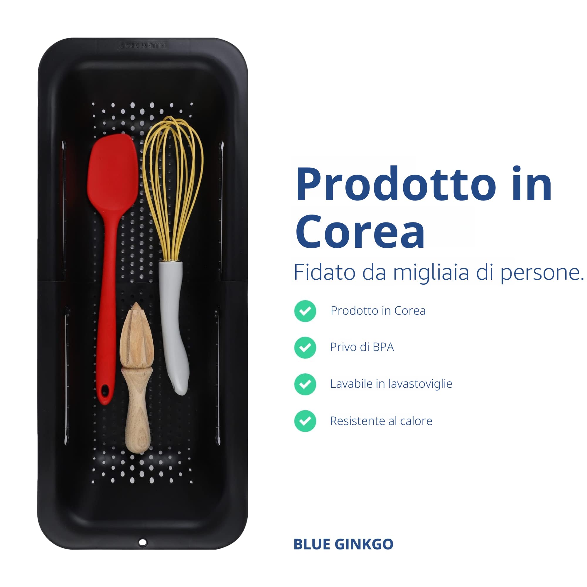 BLUE GINKGO Sopra il Lavello Colino Colino Cestello - Lavare frutta e verdura, scolare la pasta cotta - Estensibile - Elementi essenziali per la cucina (7,9 L x 14,5-19,5 L x 2,75 A) - Nero