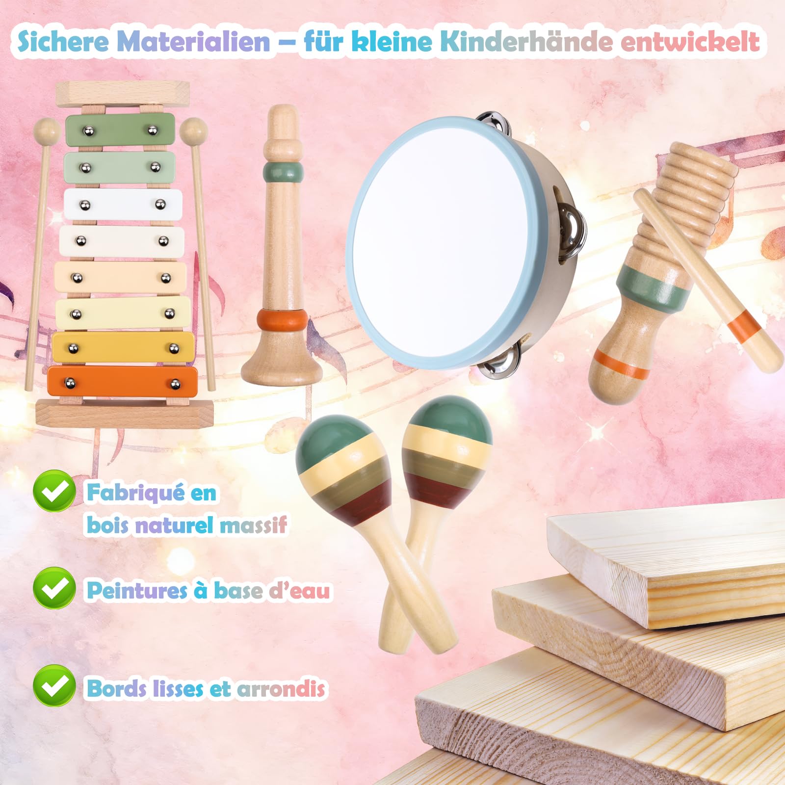 Instruments de Musique Montessori en Bois pour Enfants, 12 pièces dès 3 Ans | À taper, secouer, gratter et souffler pour explorer différentes sonorités, le rythme et plusieurs façons de jouer