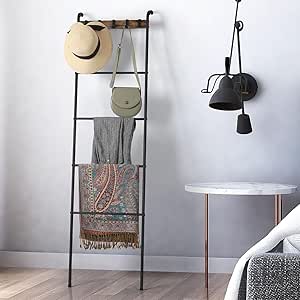 Scala Porta Asciugamani A 5 Ripiani - In Acciaio E Legno, 43x164cm, Marrone Vintage E Nero - Foto 10