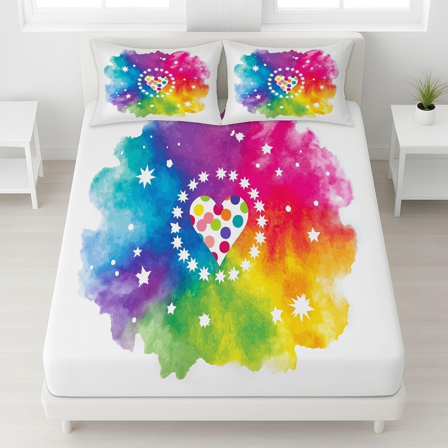 Sabana Bajera 180x200 Corazones En Acuarela Sabanas Bajeras Estampadas Estrellas Sábana Bajera Ajustable Suaves, Elastico Funda Colchon con 2 Funda Almohada 50x80 cm, para Colchón de 30cm de Altura
