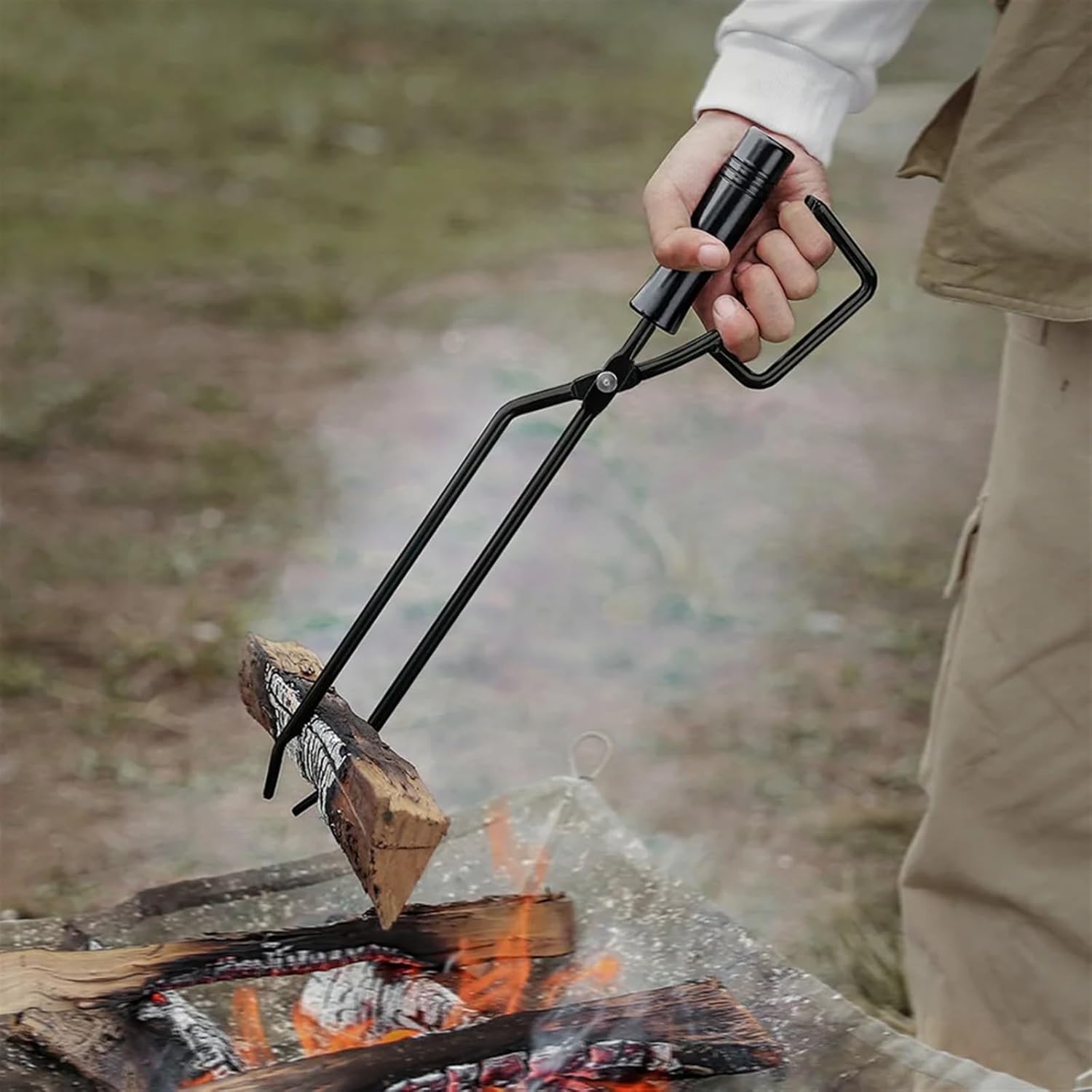 Household Barbecue Tongs Grill Outdoor Camping Bbq Iron Wooden Charcoal Poker Accessory (Black)