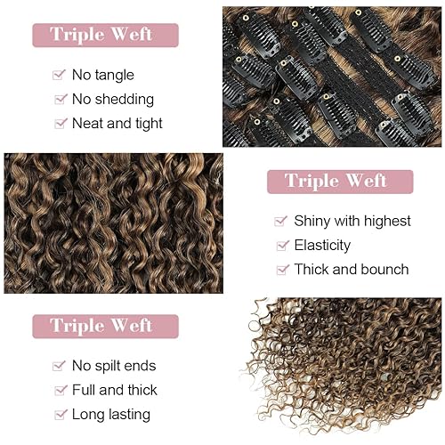 Miniatura 5 de Urbeauty Extensiones de cabello rizado natural, cabello humano ondulado con clip de triple trama, color marrón y rubio con reflejos - 10 piezas de