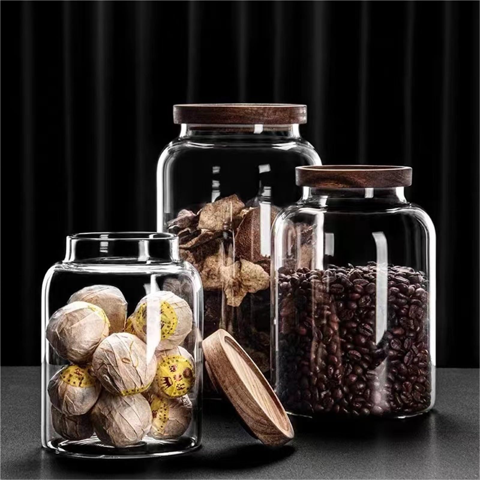 Tarro de conservación Large Capacity Glass Sealed Jar Lid Storage Wood Cover Coffee Bean Organizer Kitchen Containers(3000ML)