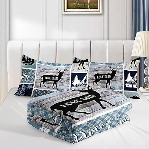 Miniatura 7 de QOOMO Juego de edredón con estampado a cuadros para niños y niñas, adolescentes, decoración de habitación de osos, alces y pinos, juego de ropa de