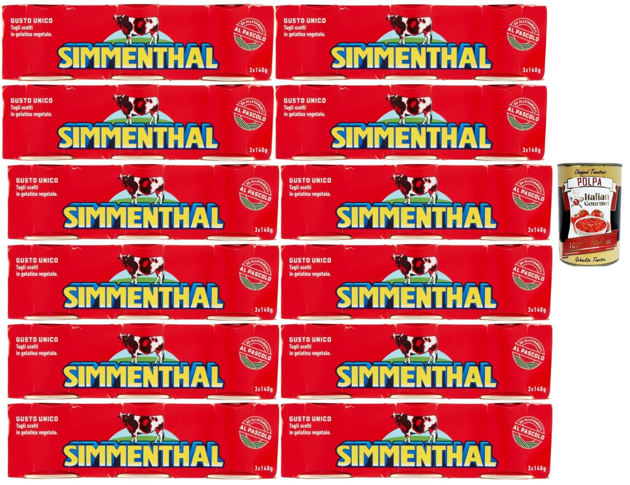Italian Gourmet Bundle Rindfleisch Konserven 12x 3x 140g + Italian Gourmet Polpa Gratis – Italienische Simmenthal Fleischkonserven in Gelatine, Vorratspackung für Salat, Sandwich & kalte Küche 5,04kg