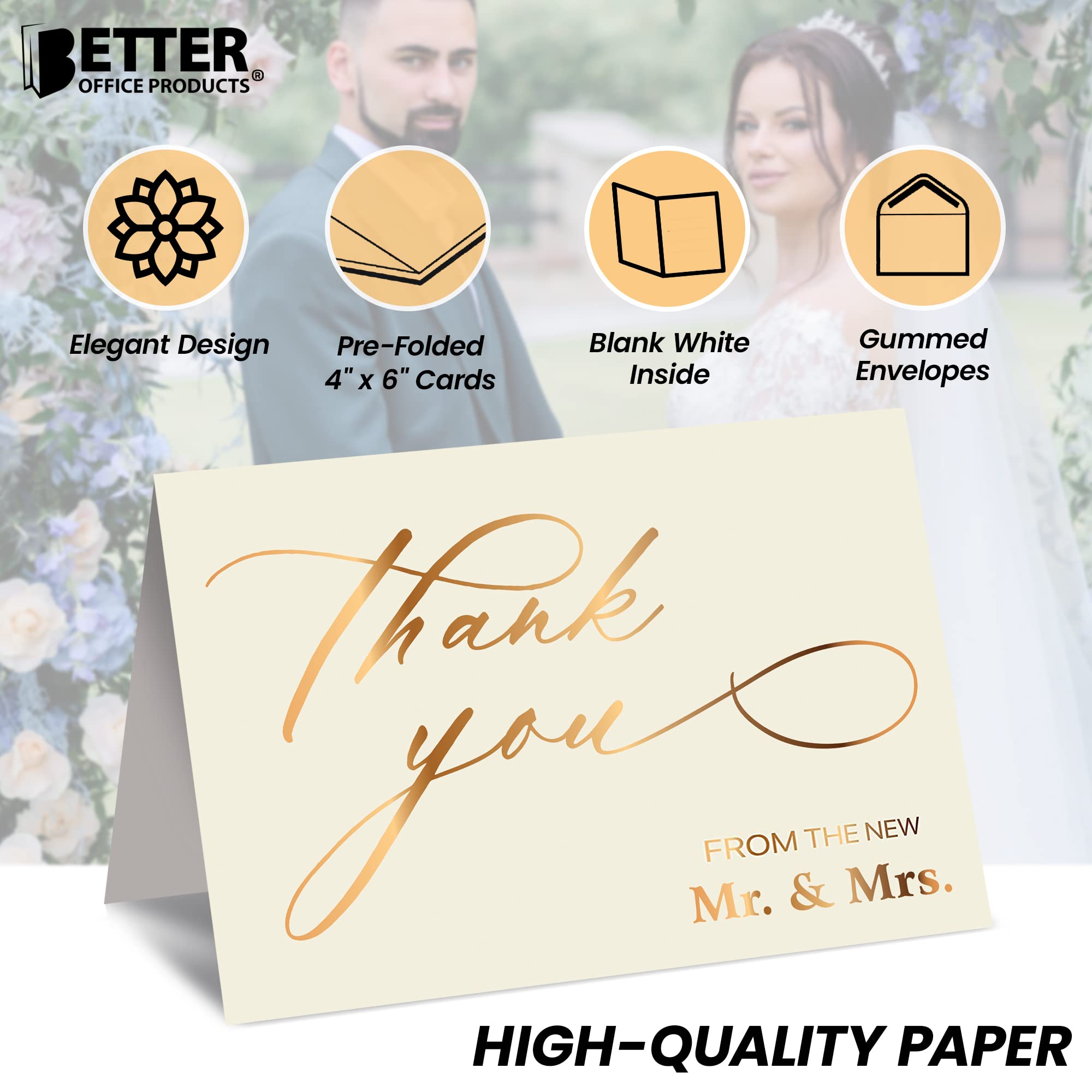 Better Office Products 50 Pack Wedding Thank You Cards in Metallic Gold with Envelopes, Thank You From The New Mr and Mrs, 4 x 6 Inch, Blank Cards, by, 50 Count Boxed Set - Image 3